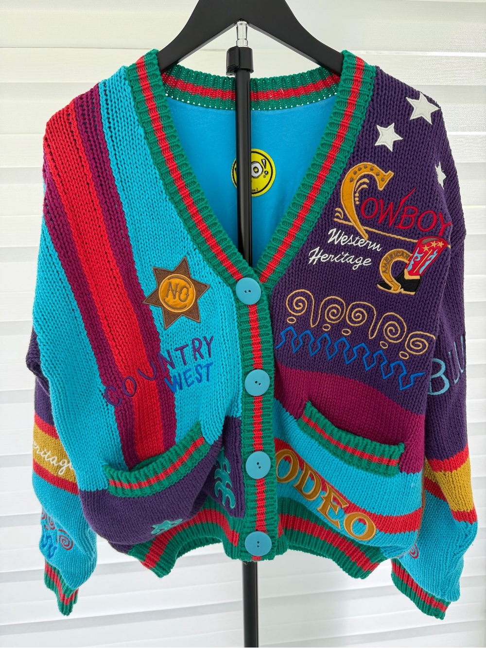 Colorful Patchwork Rodeo Cardigan Sweater - Turquoise & Purple - Picture 6 of 16
